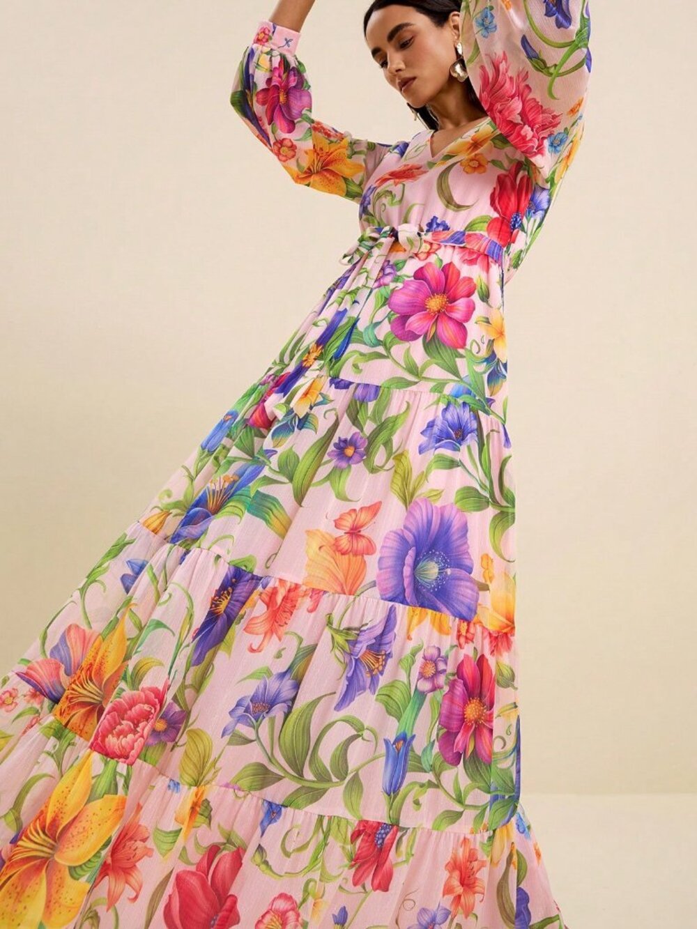 Multicolor Boho Women's V-Neck Long Sleeve Cinched Waist Tropical Floral Dress - Picture 7 of 8